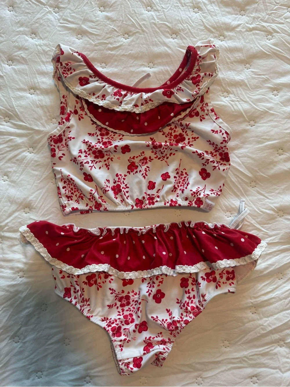 SweetHoney Girls size 8Y Red and White Floral Ruffle Kids Bikini